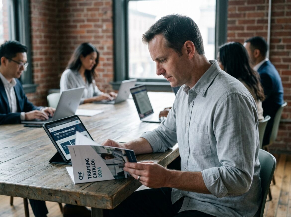 Homme consultant un catalogue CPF de formations en IA dans un espace de coworking moderne