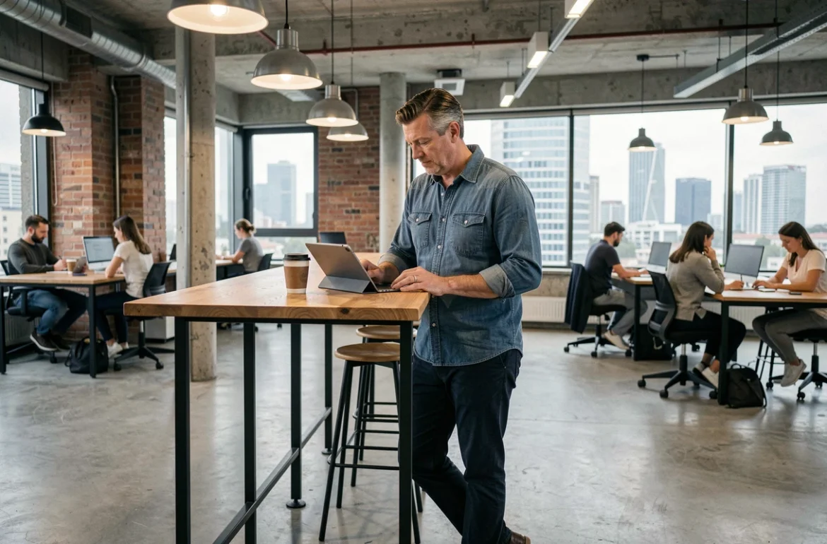 Homme comparant les offres tarifaires d'espaces de coworking sur une tablette dans un open space moderne à La Défense