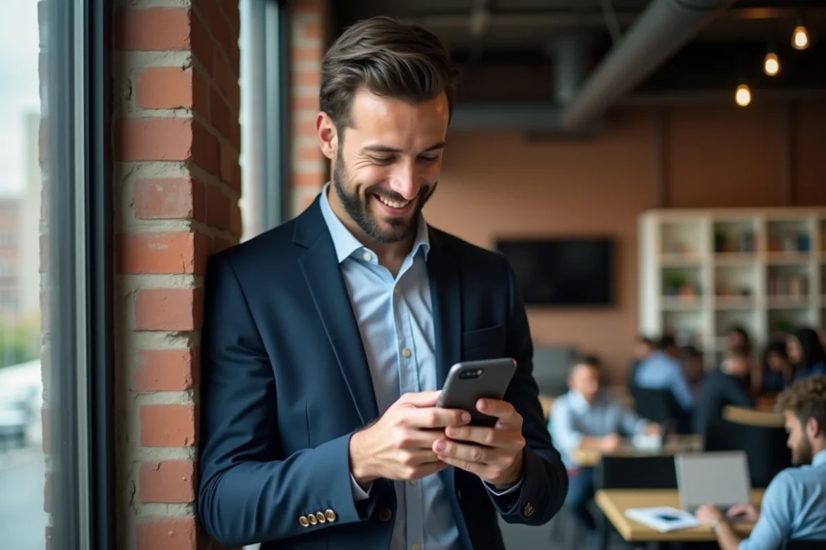 Homme en blazer consultant une publication LinkedIn formatée en gras sur son smartphone dans un espace de coworking