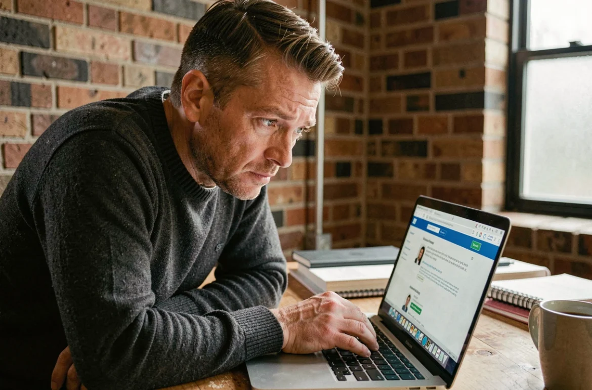 Homme consultant une page de contact de site web professionnel pour identifier les erreurs à ne pas commettre