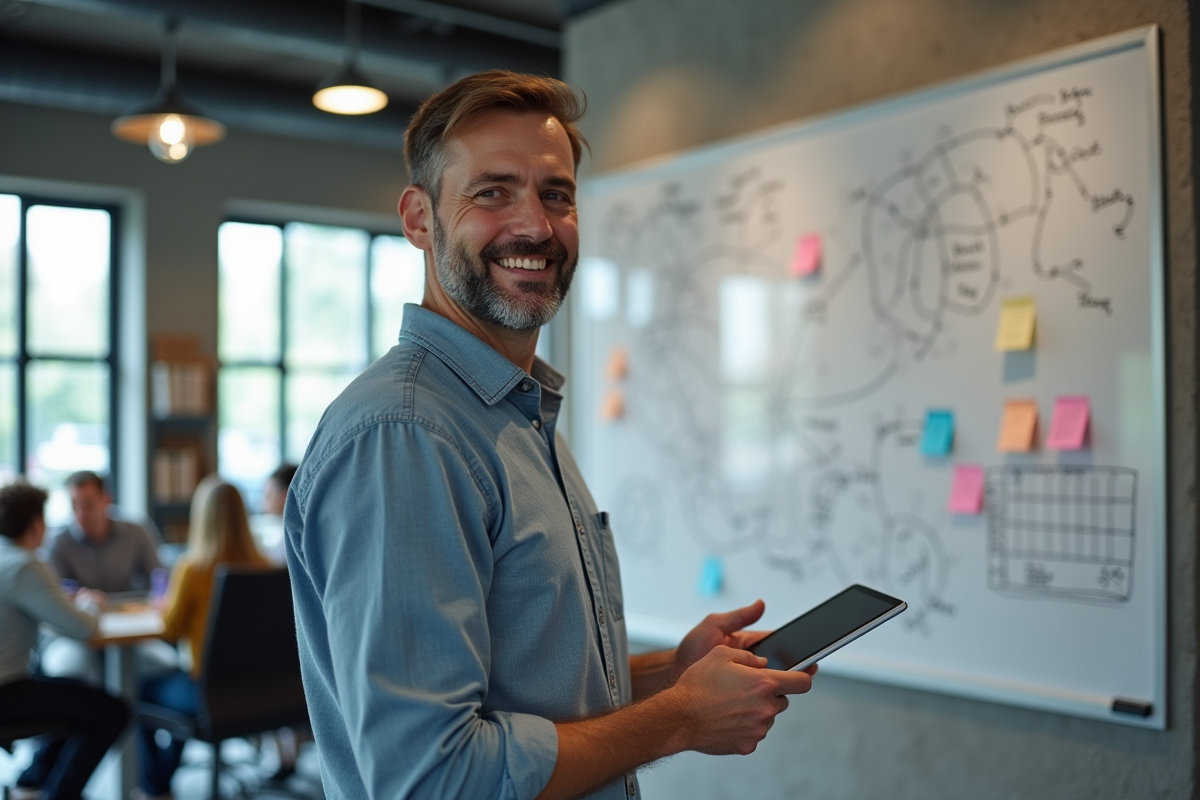 Homme en coworking devant un tableau blanc rempli de notes