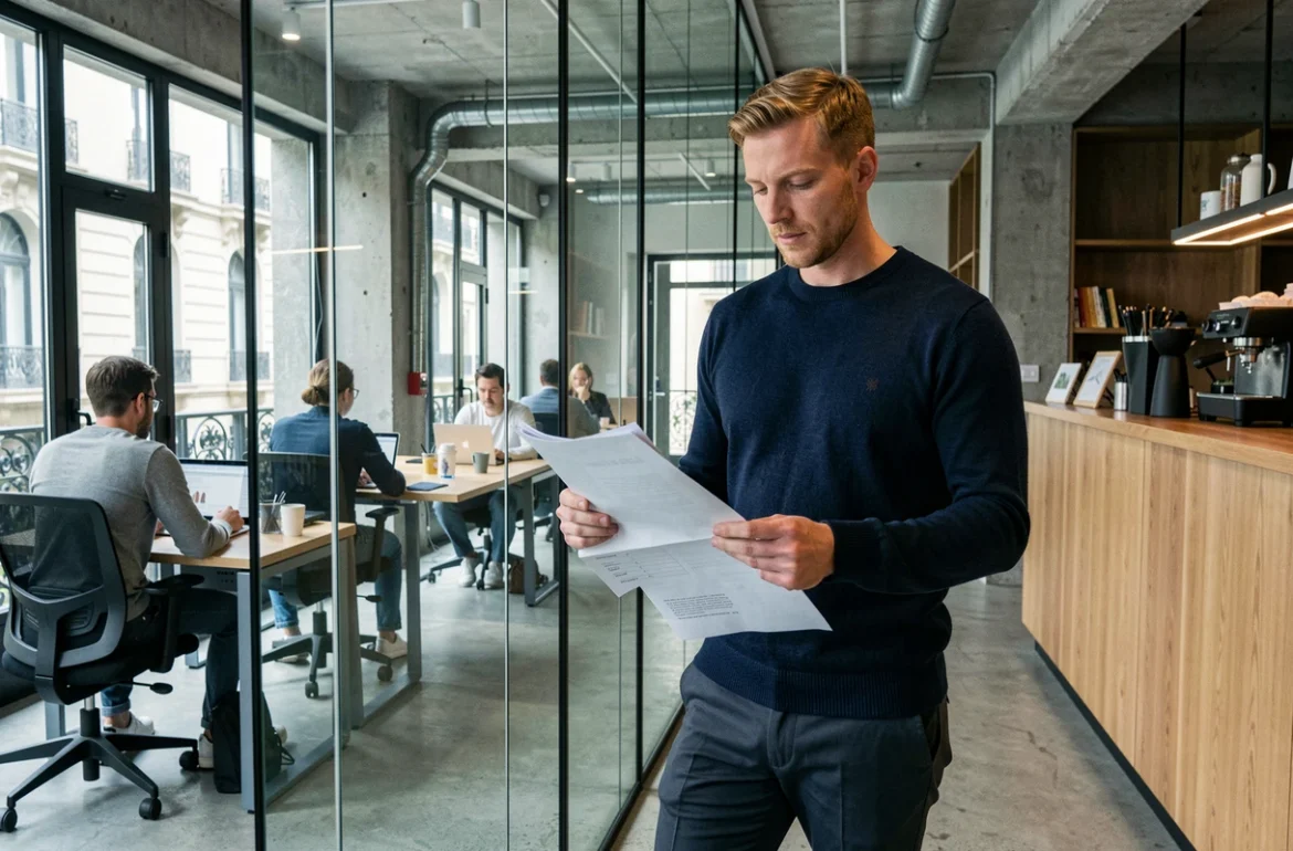 Homme debout dans un espace de coworking à Barcelone consultant des documents près d'une salle de réunion vitrée