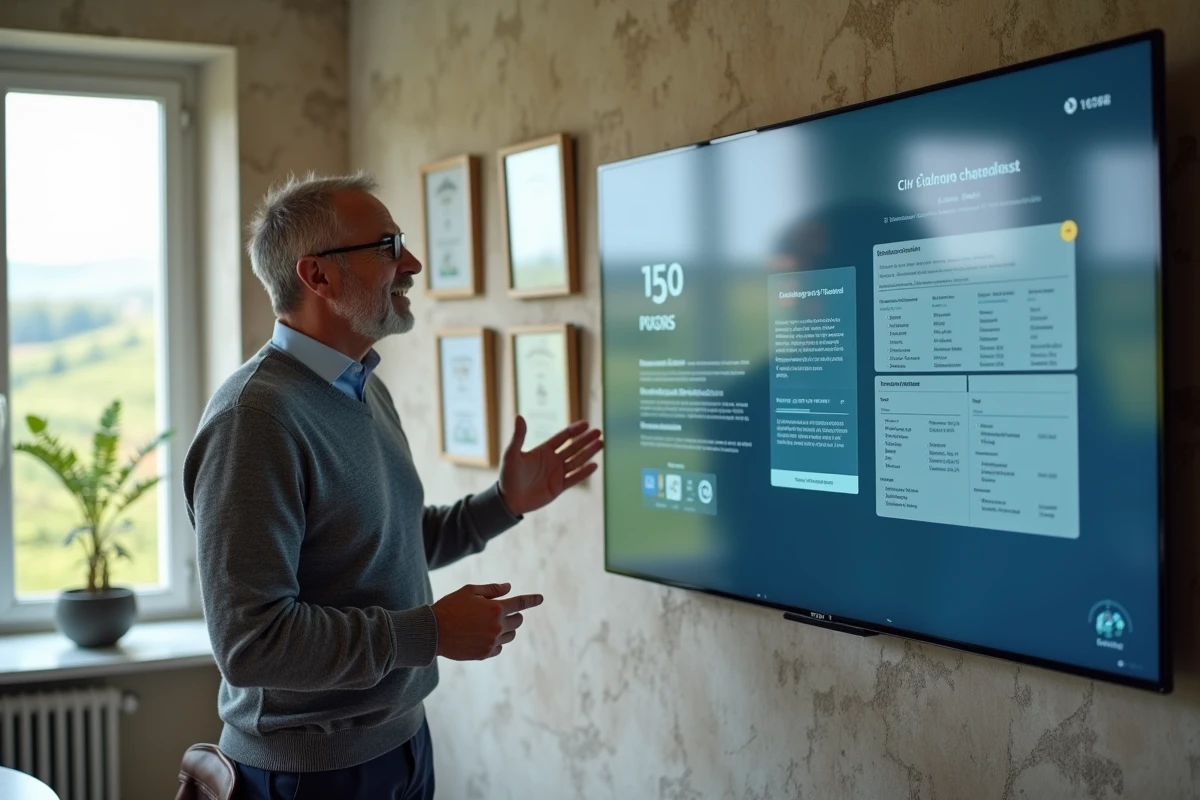 Homme en smart casual discutant devant ecran digital