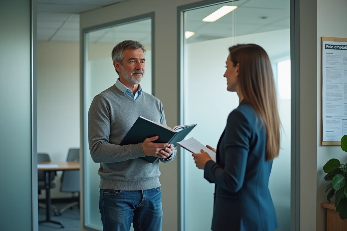 Homme avec dossier pole emploi parle avec un conseiller dans un bureau