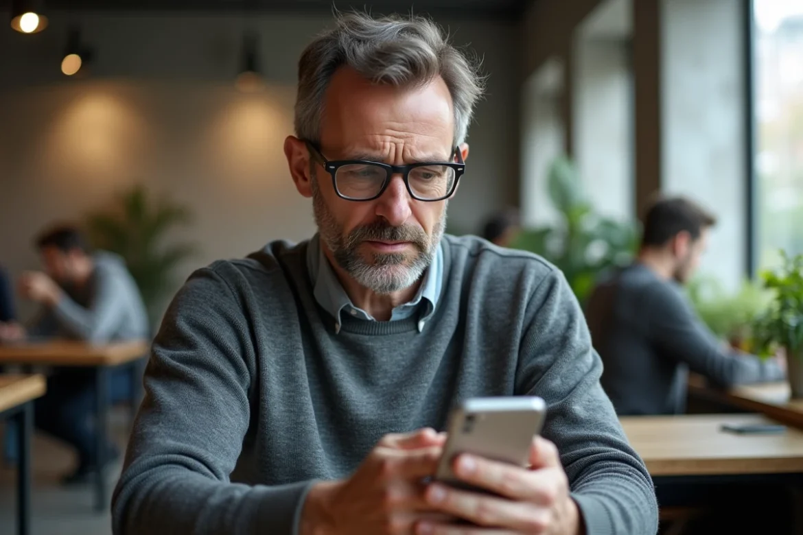 Homme perplexe regardant un message d'erreur d'authentification sur son smartphone dans un espace de coworking