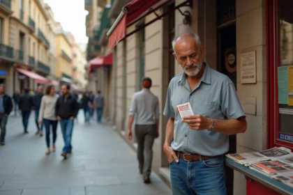 Homme espagnol dans la rue examine un graphique de prix