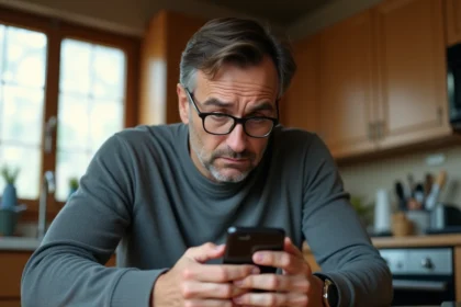 Homme inquiet lisant un SMS de contrat LACAMO Bail sur son smartphone à la maison