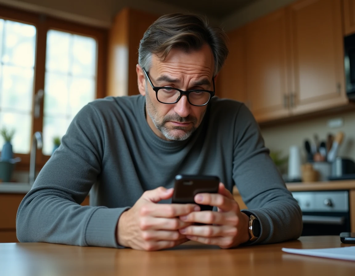 Homme inquiet lisant un SMS de contrat LACAMO Bail sur son smartphone à la maison