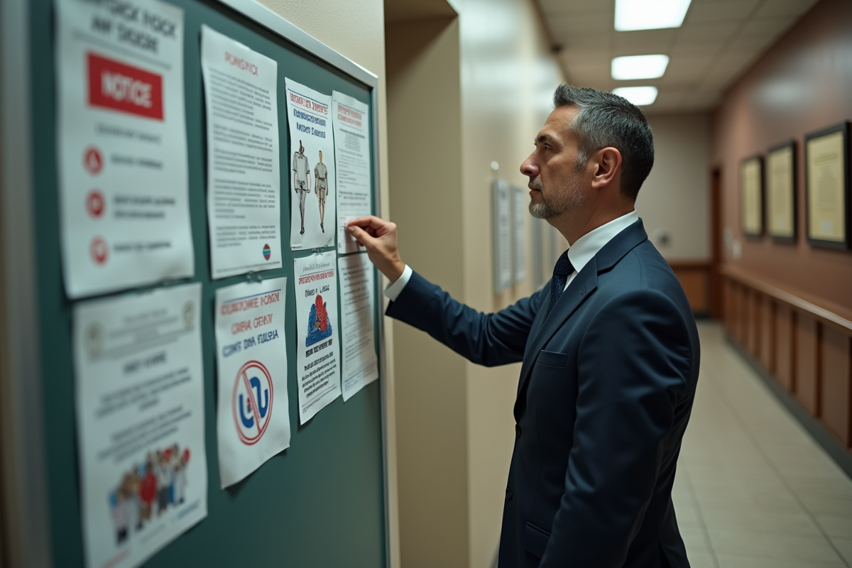 Homme en costume affichant une note dans un couloir officiel
