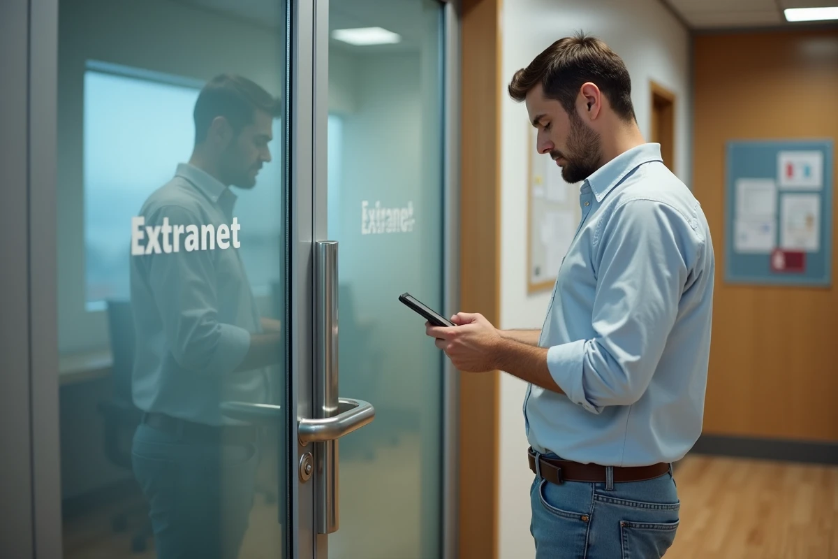 Homme vérifiant accès sur porte en verre dans un couloir