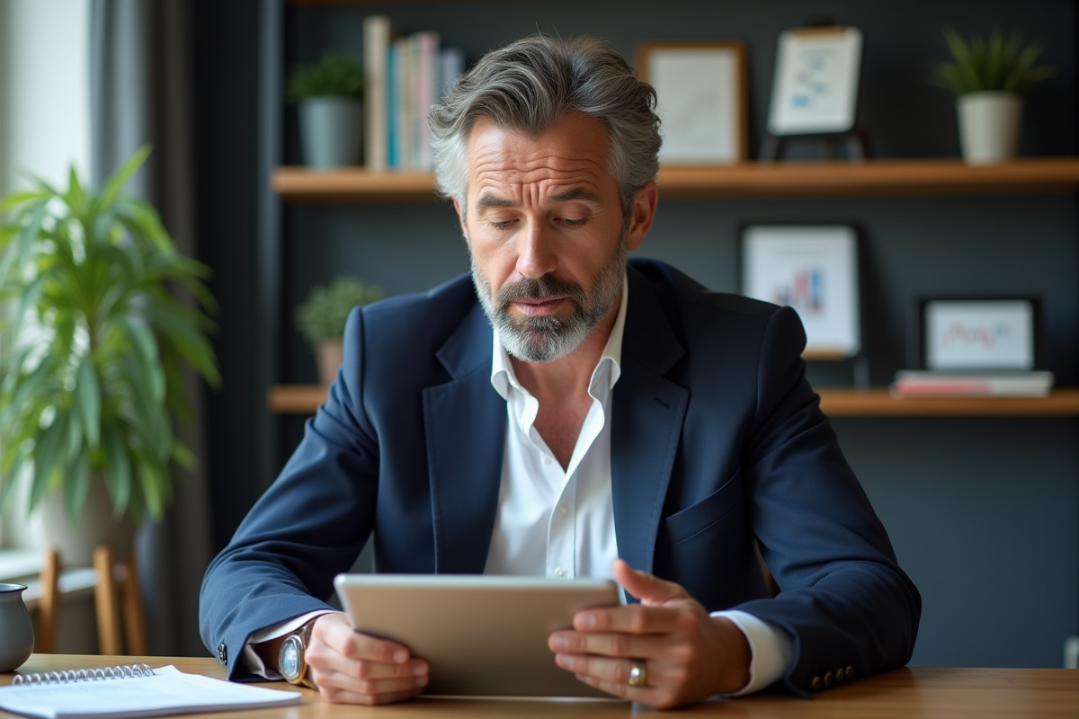 Homme professionnel regardant KPI sur tablette dans bureau