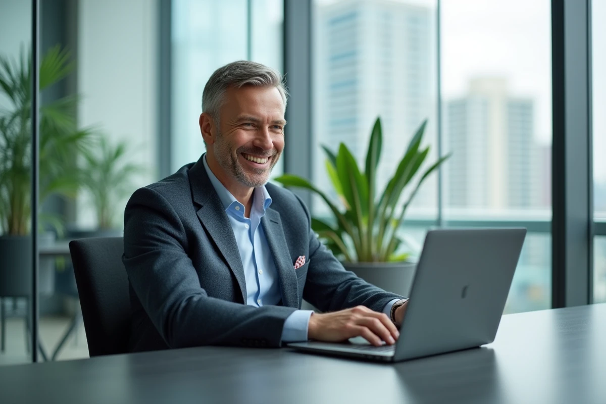 Homme d affaires souriant travaillant sur son ordinateur en réunion