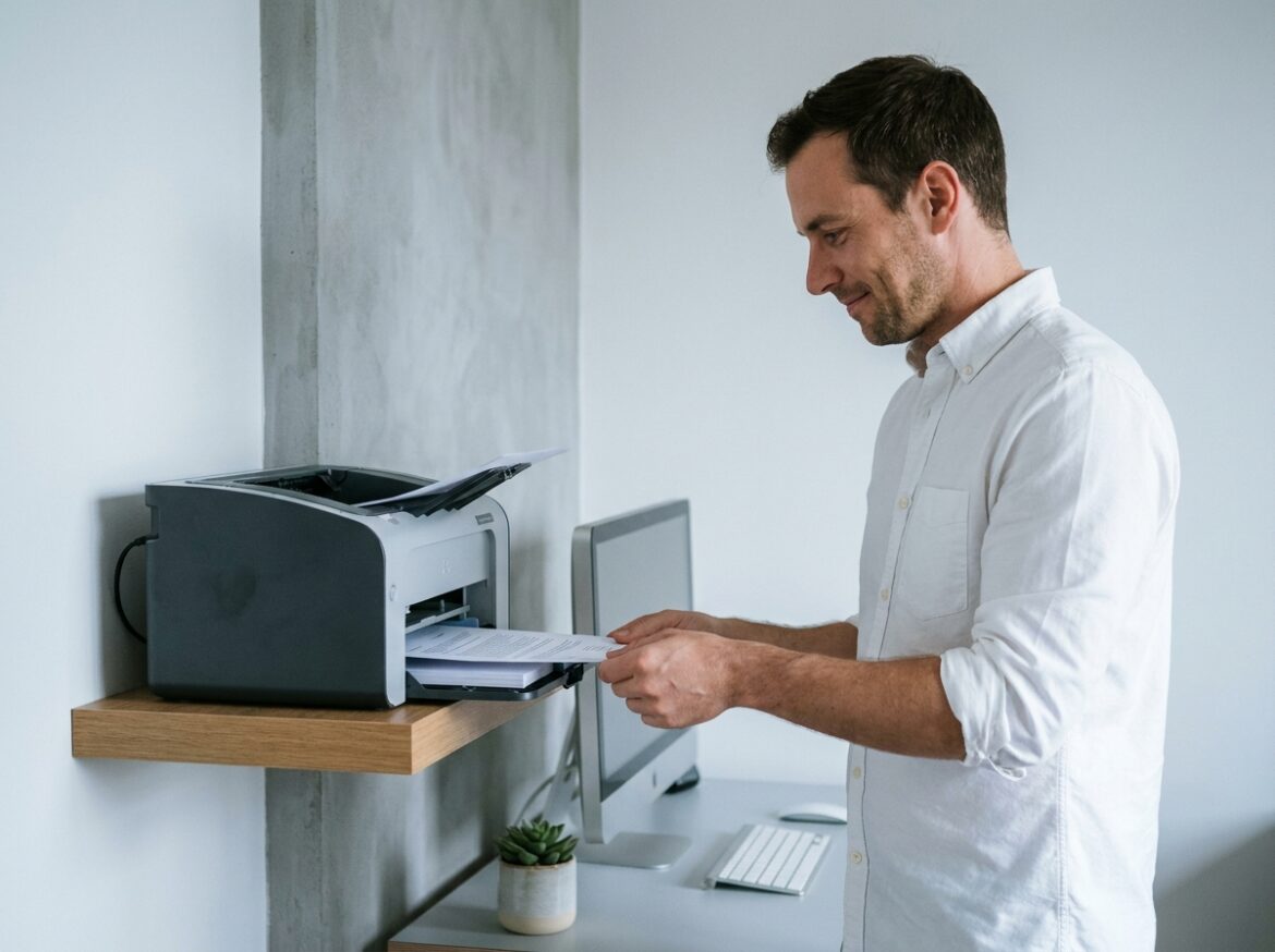 Homme en télétravail récupérant un rapport imprimé depuis une imprimante laser dans un bureau minimaliste à domicile