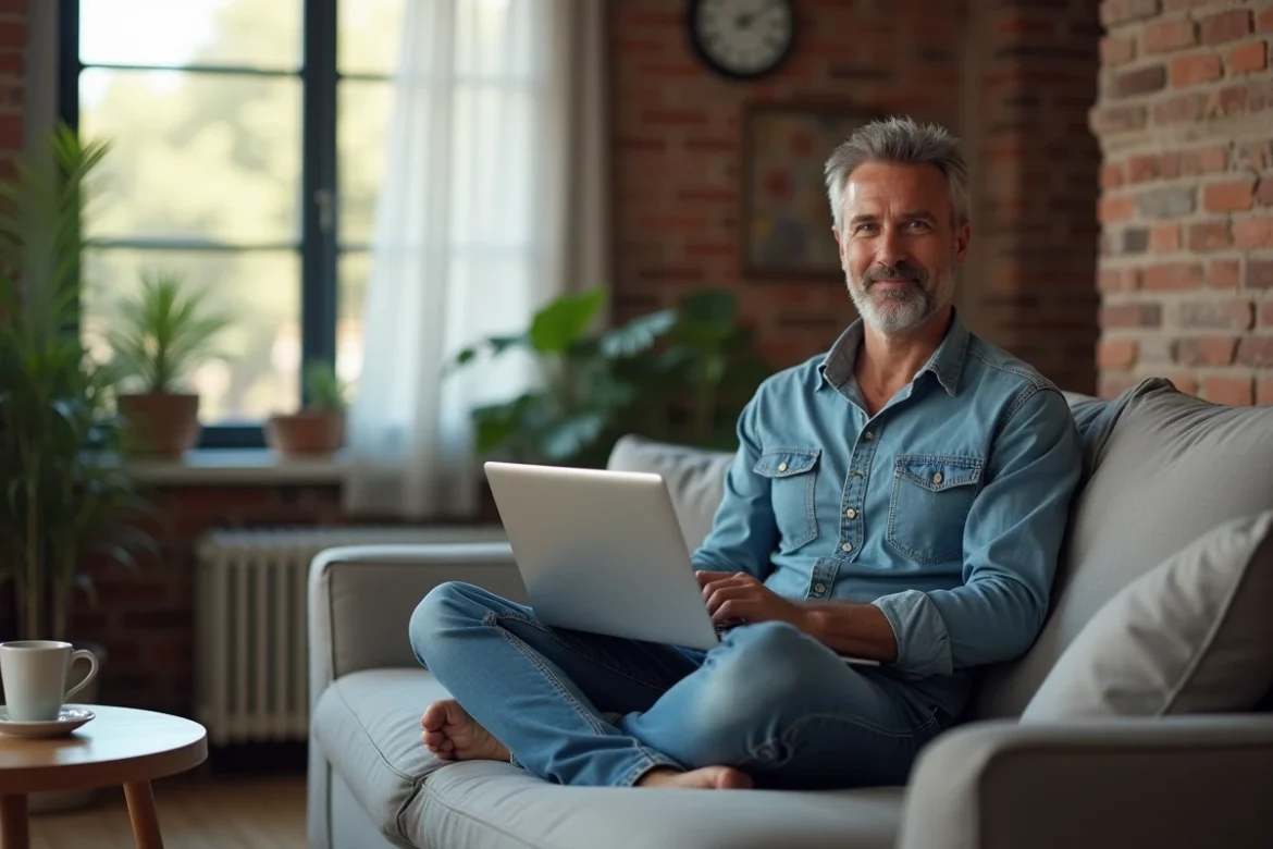 Homme en télétravail sur canapé avec un ordinateur portable, représentant la flexibilité d'un nouveau métier à distance