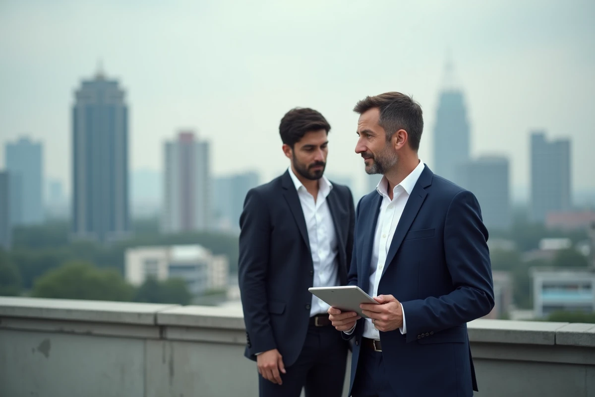 Homme en costume discutant sur un rooftop urbain