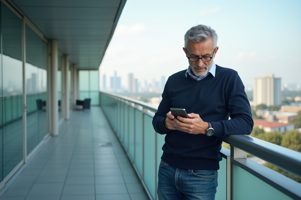 Homme en sweater regarde la ville depuis une terrasse