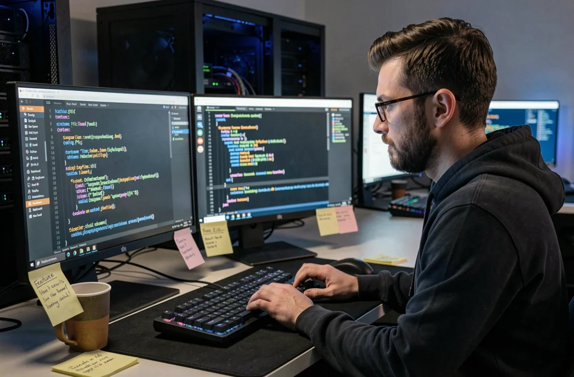Développeur web travaillant sur un projet sur mesure chez IdeaPixel avec du code personnalisé affiché sur deux écrans