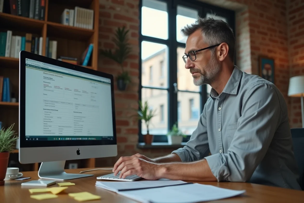 Travailleur indépendant gérant une déclaration de services transfrontaliers sur Prodouane depuis son bureau à domicile