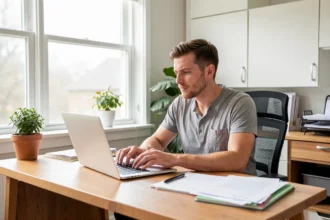 Indépendant qui travaille à son bureau avec un ordinateur portable et des documents