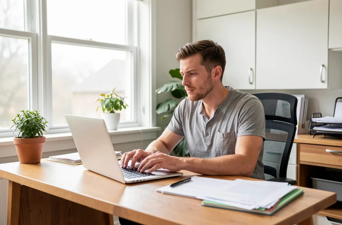 Indépendant qui travaille à son bureau avec un ordinateur portable et des documents