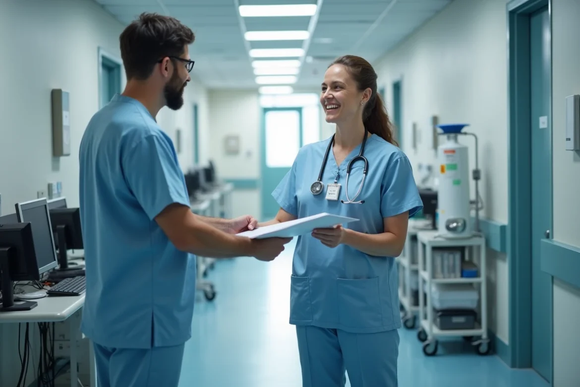 Infirmière transmettant un dossier à son collègue dans un couloir d'hôpital lors d'une rotation de poste en horaires 2x8