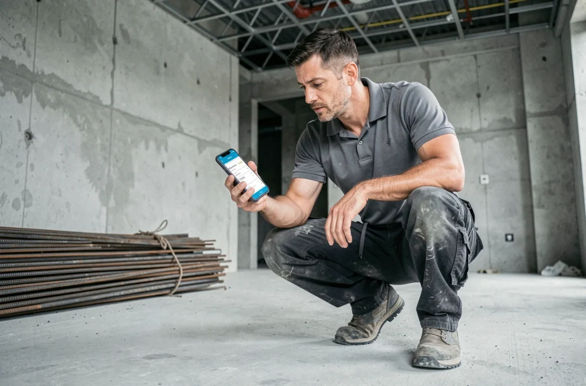 Ingénieur de chantier consultant une application de gestion BTP sur smartphone dans un espace de construction en cours
