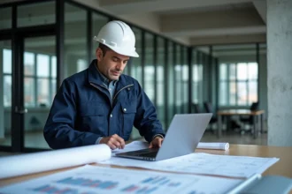 Ingénieur civil consultant des documents contractuels et des plans techniques dans un bureau d'ingénierie moderne