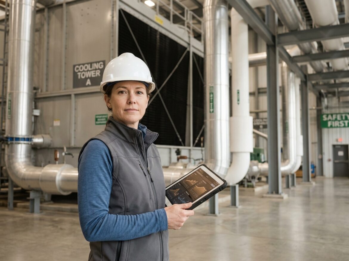 Ingenieure en energie analysant les performances d un condenseur industriel dans une centrale electrique moderne