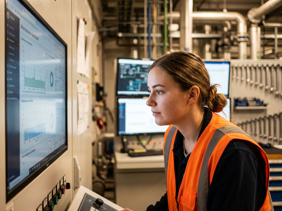 Ingénieure inspectant un tableau de contrôle industriel