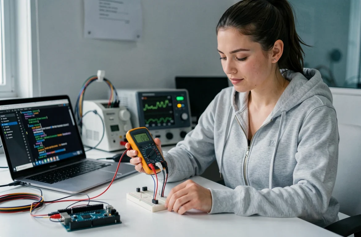 Ingénieure mesurant la tension d'un prototype électronique avec un multimètre numérique sur un bureau moderne