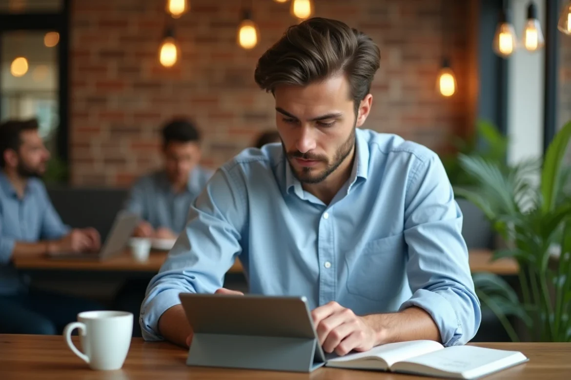 Jeune professionnel remplissant un dossier de financement CPF sur tablette dans un espace de coworking