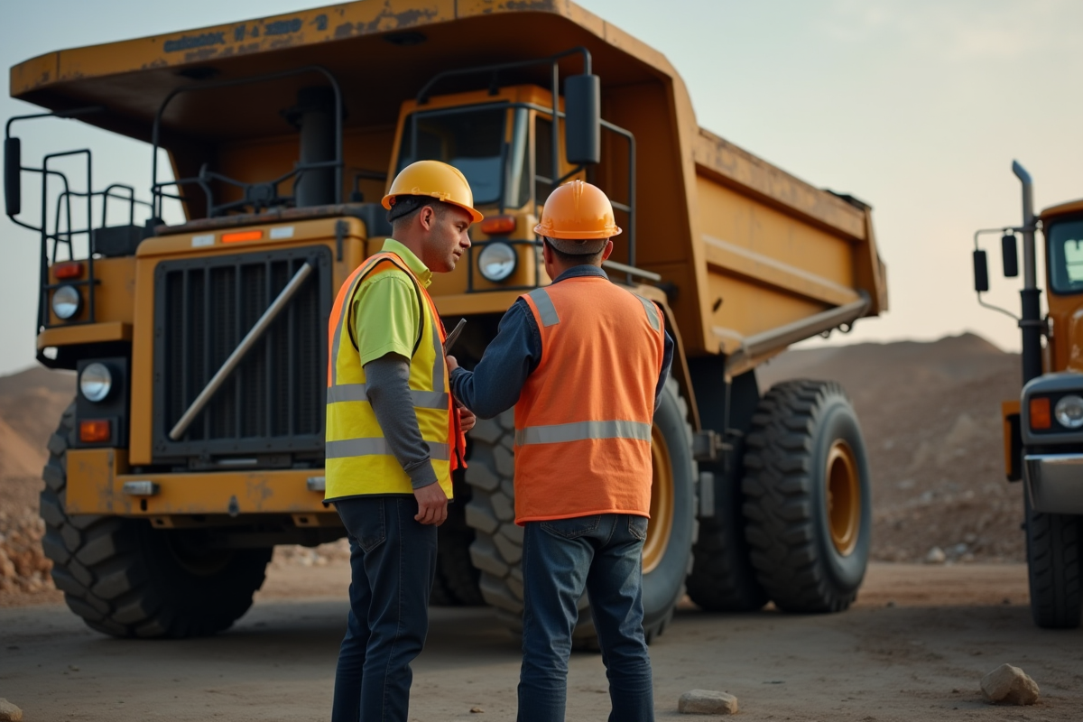 Chef d entreprise et mécanicien inspectant un camion benne sur un chantier
