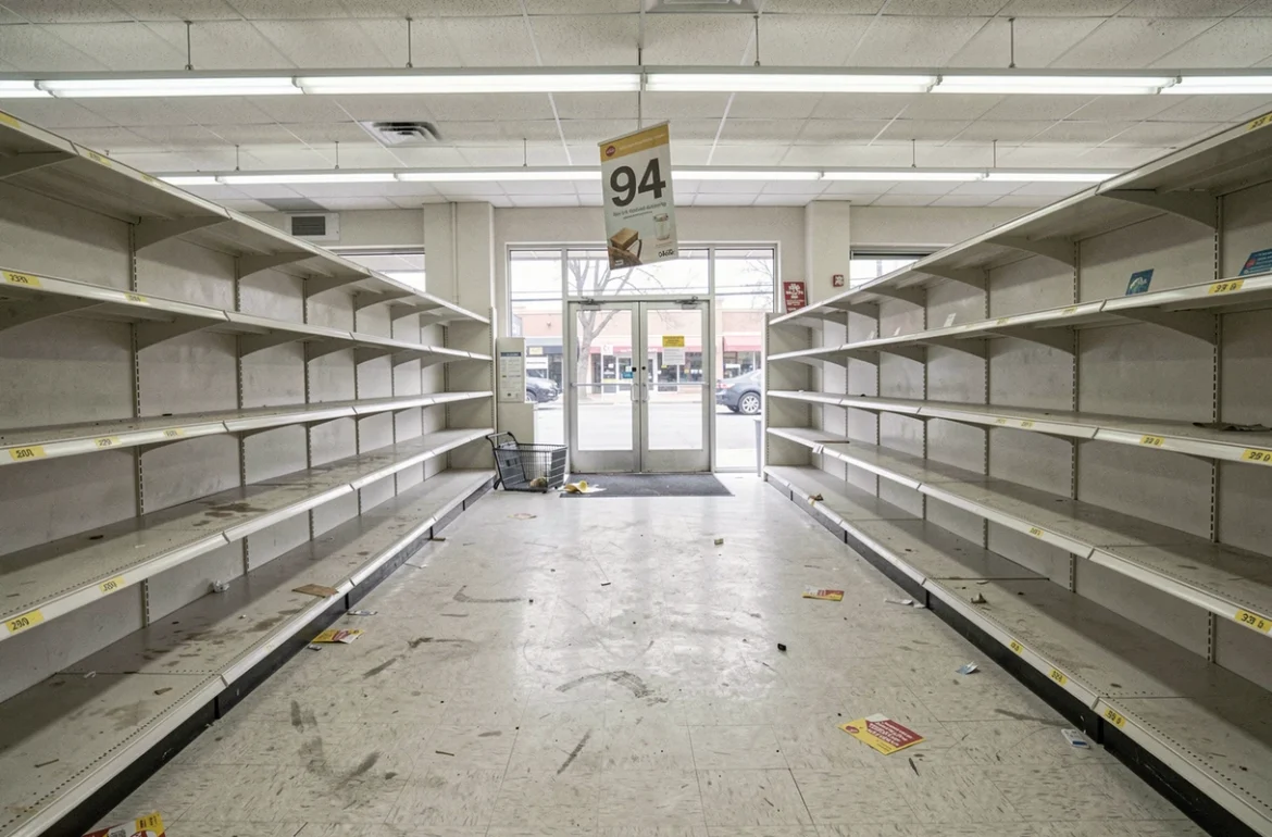 Intérieur vide et rayons abandonnés d'un magasin GiFi en cours de fermeture définitive
