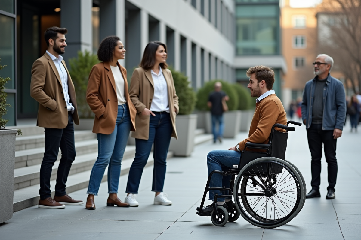 Groupe de jeunes adultes divers devant un bâtiment moderne