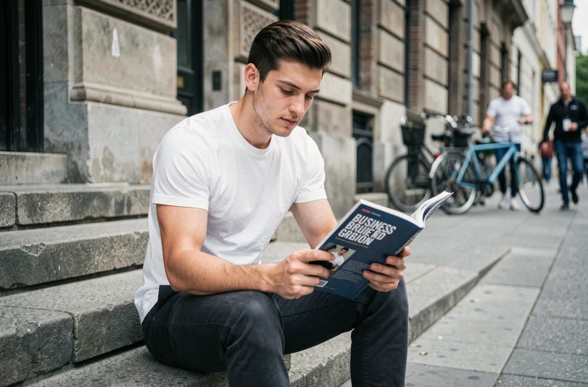 Jeune diplômé lisant un guide sur l'entrepreneuriat assis sur des marches en milieu urbain