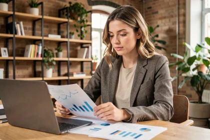 Jeune diplômée analysant des données dans un espace de coworking pour lancer son entreprise