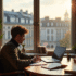 Jeune écrivain dans un bureau lumineux à Bruxelles