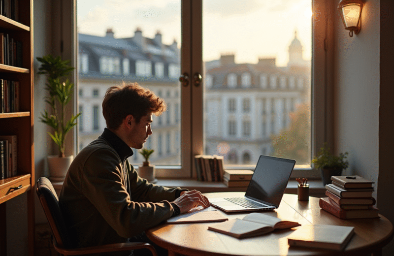 Jeune écrivain dans un bureau lumineux à Bruxelles