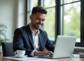 Jeune entrepreneur confiant au bureau avec documents et ordinateur