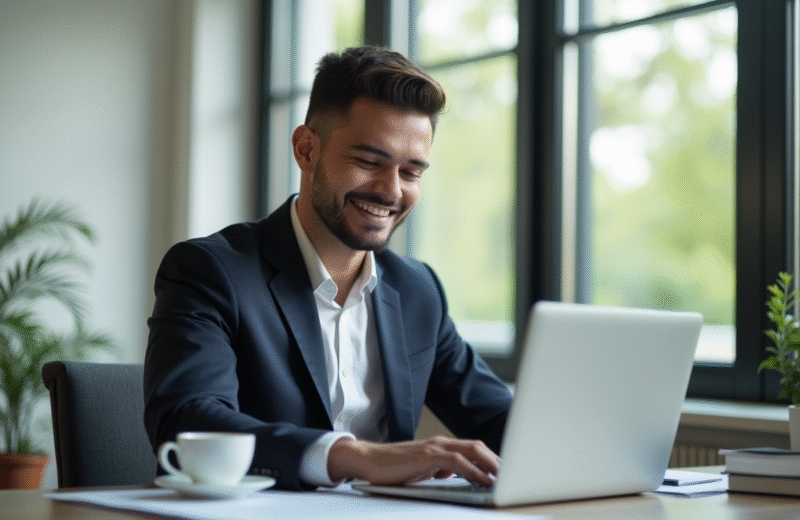 Jeune entrepreneur confiant au bureau avec documents et ordinateur