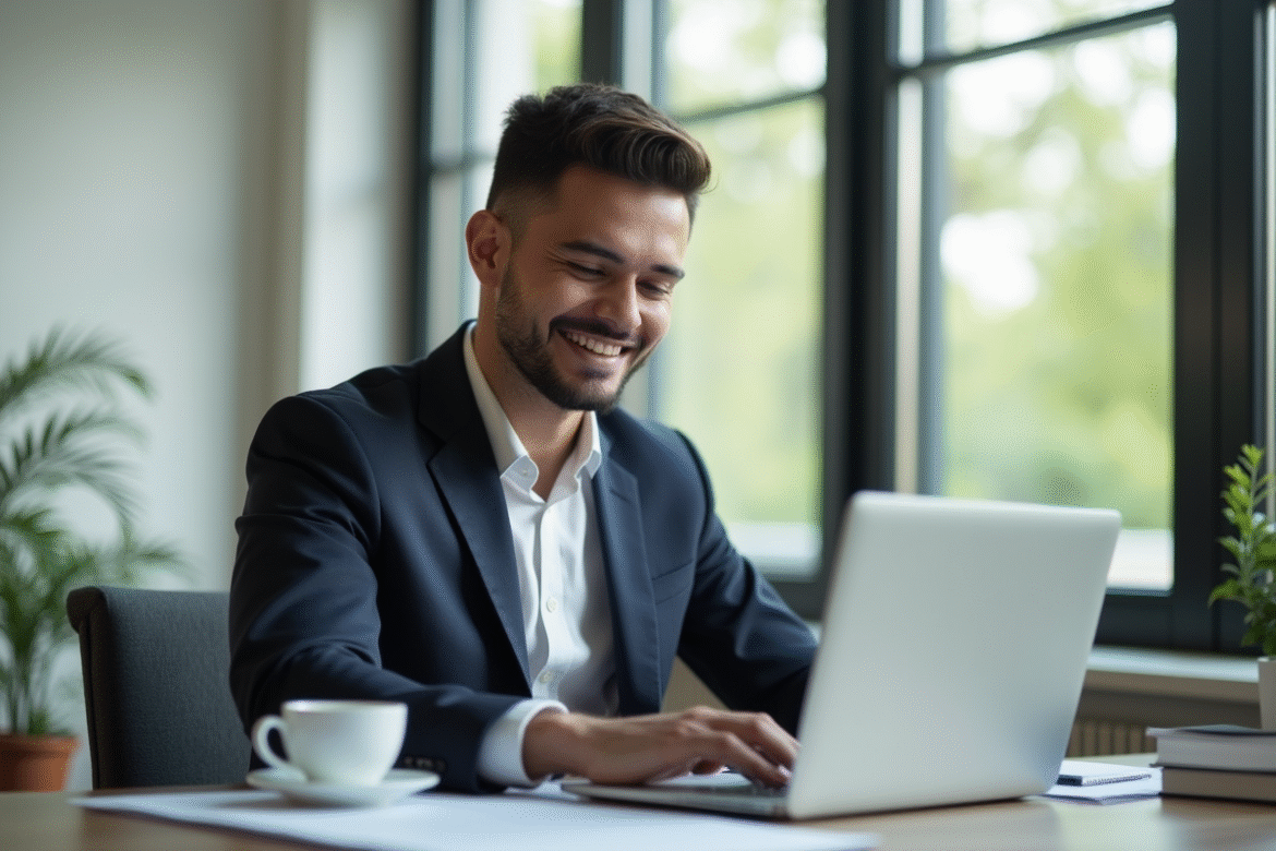 Jeune entrepreneur confiant au bureau avec documents et ordinateur