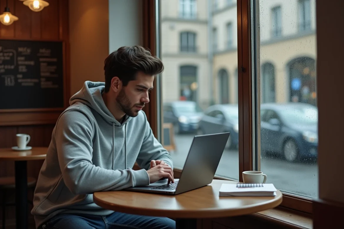Jeune entrepreneur autodidacte travaillant seul dans un café parisien, représentant la détermination des porteurs de projets sans réseau