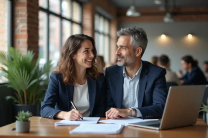 Jeune femme entrepreneur en discussion avec un mentor dans un espace de coworking moderne, illustrant l'accompagnement des jeunes sans réseau professionnel