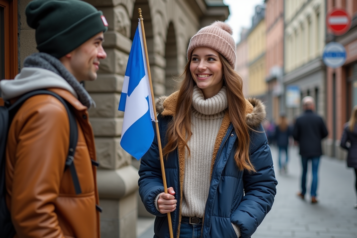 Jeune femme avec drapeau du Quebec devant un bâtiment historique