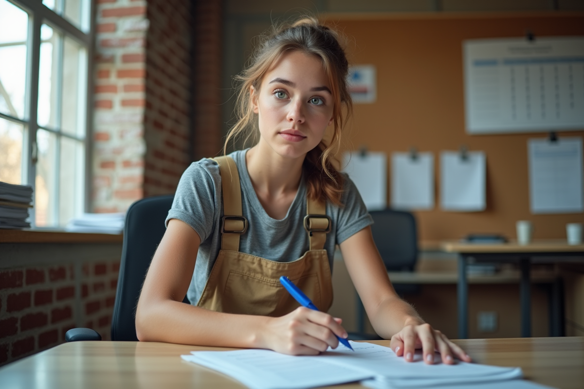 Jeune femme couvreuse au bureau en train de remplir une fiche