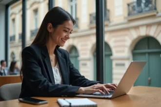 Jeune femme professionnelle travaillant sur son ordinateur à Lyon