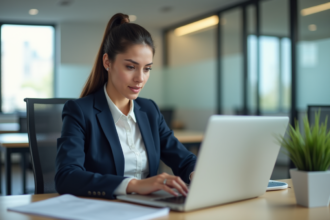 Jeune femme professionnelle travaillant sur son ordinateur en bureau moderne