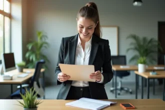 Jeune femme en bureau moderne avec dossier d'orientation