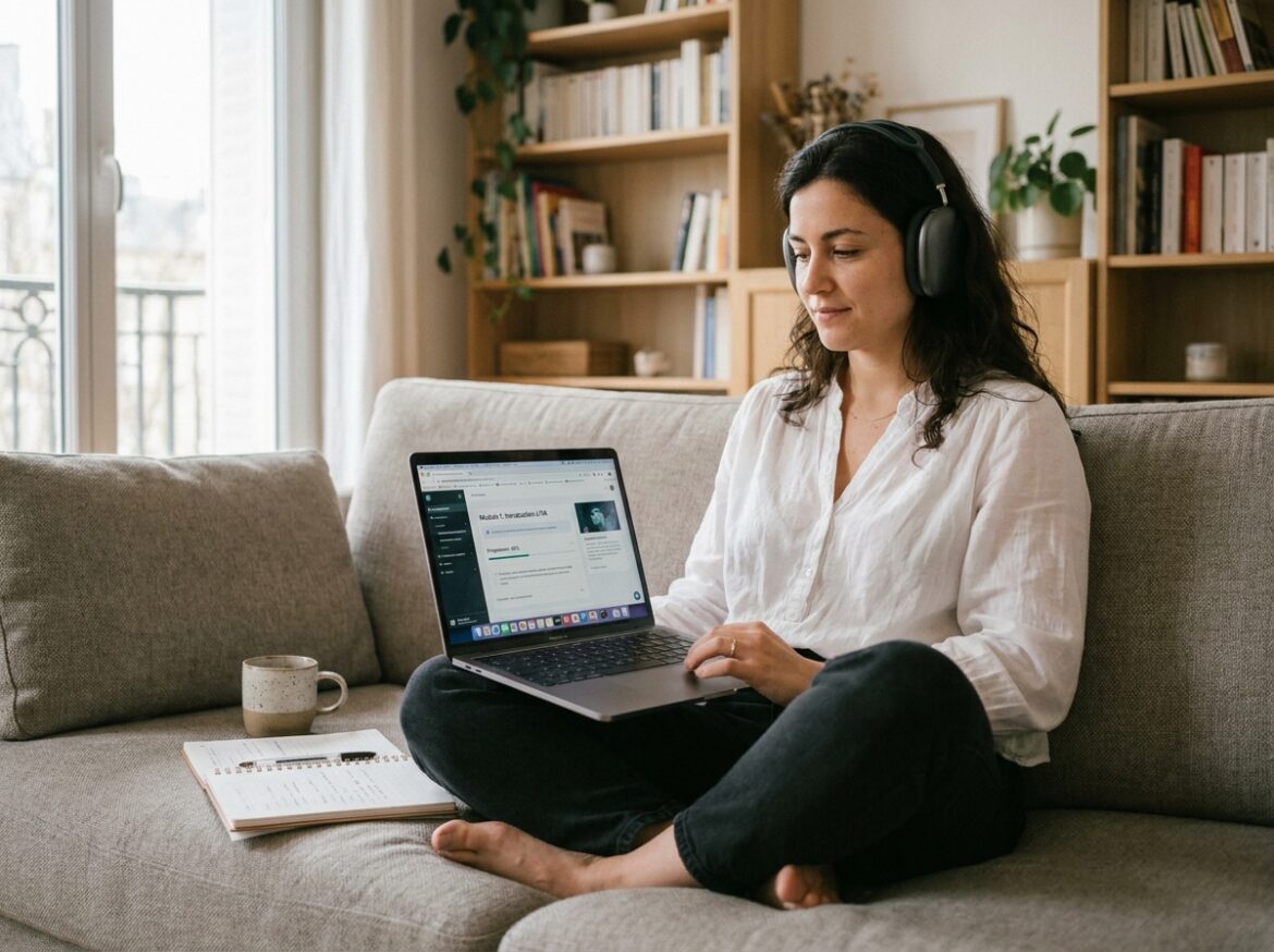 Jeune femme suivant une formation en intelligence artificielle financée par le CPF sur son ordinateur depuis chez elle
