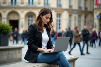 Jeune femme professionnelle travaillant sur un ordinateur à Paris
